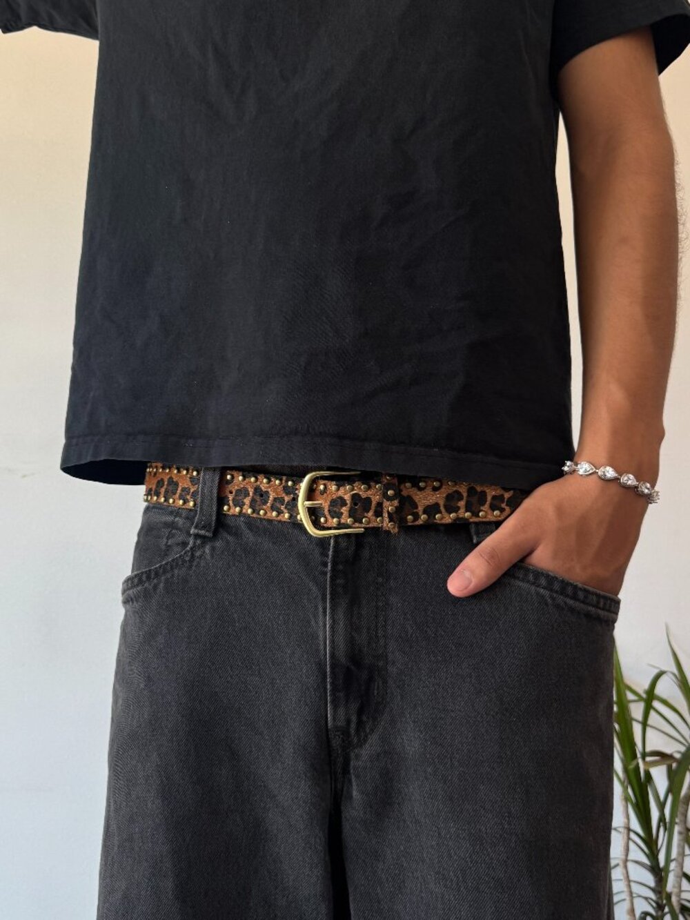 Brown Leopard Studded Brass Buckle Belt